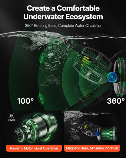 VEVOR Aquarium Wave Maker, 10W, 1057 GPH Quiet and Strong DC Powerhead, Adjustable Fish Tank Circulation Pump with Controller, Strong Magnetic Base, 360° Rotating Wavemaker, for Freshwater Saltwater