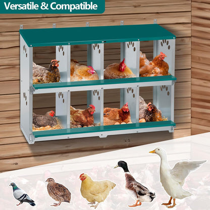 Toriexon Chicken Nesting Box, 8 Compartment Metal Nesting Box, Wall Mountable Nesting Boxes for Chicken, 42.5" L x 13.0" W x 25.0" H, Green