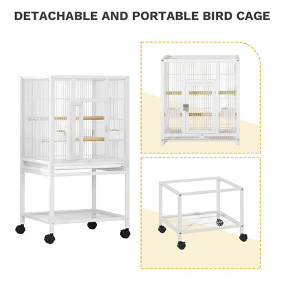 DWVO 41-inch Metal Bird Cage: Large Parrot Cages with Rolling Stand - Features Tray, Food Boxes & Wooden Perches for Parakeets, Lovebirds, Cockatiels, Finches and Pigeons, White