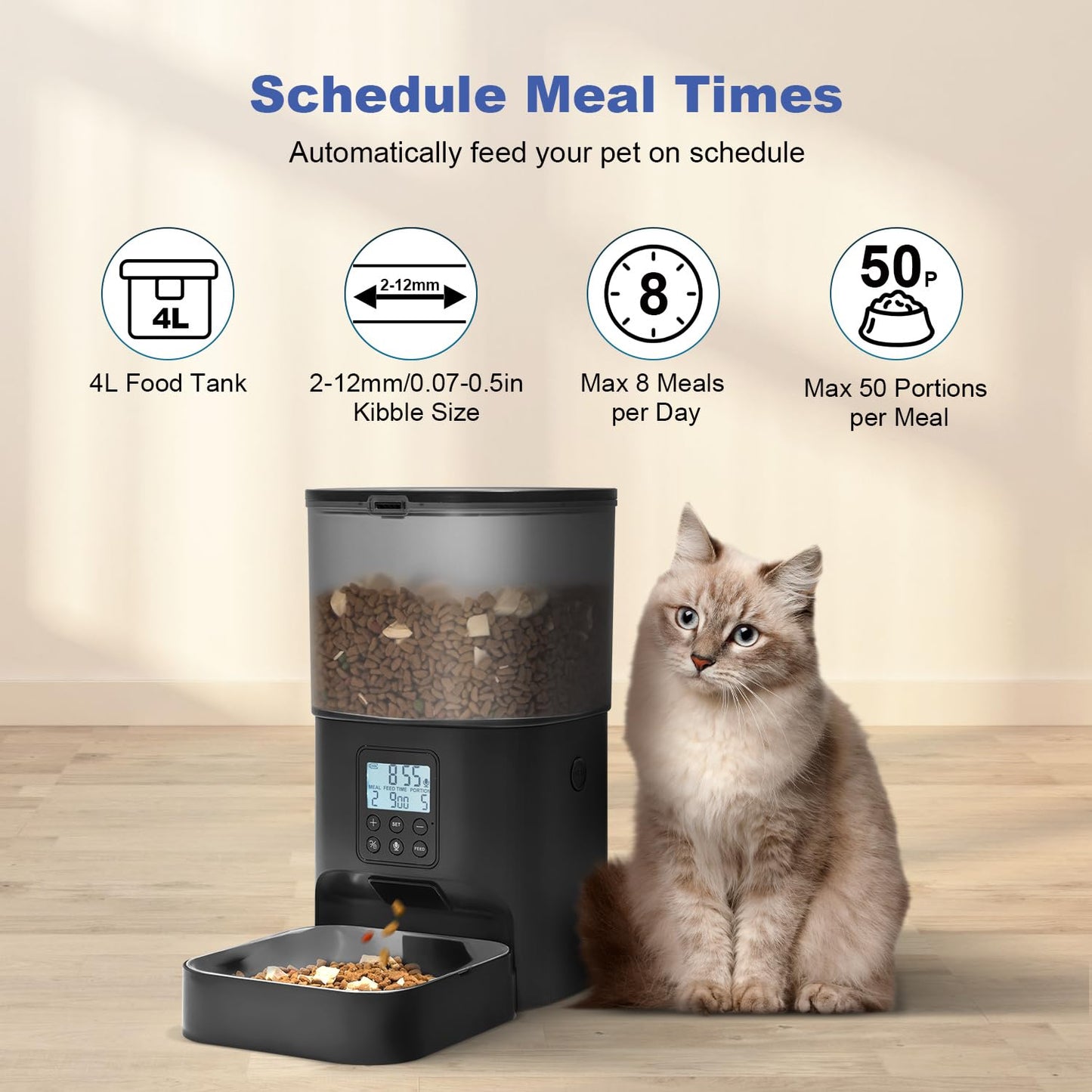 Automatic Cat Feeder, Cat Food Dispenser with 10s Voice Recorder, Pet Feeder up to 8 Meals per Day, Timed Feeder with Dry Food Sealed Ring (Black, 4L)