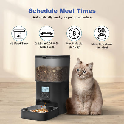Automatic Cat Feeder, Cat Food Dispenser with 10s Voice Recorder, Pet Feeder up to 8 Meals per Day, Timed Feeder with Dry Food Sealed Ring (Black, 4L)