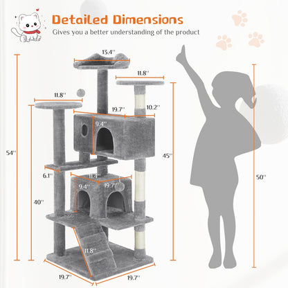 Sweetcrispy 54 Inch Cat Tree Tower, Multi-Level Tower with Cat Scratching Post, Indoor Cat Condo with Climbing Ladder, Plush Toy, Play House for Cat, Light Grey