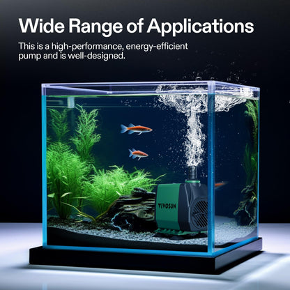 VIVOSUN 800GPH Submersible Pump(3000L/H, 24W), Ultra Quiet Water Fountain Pump with 10ft. High Lift with 6.5ft. Power Cord, 3 Nozzles for Fish Tank, Pond, Aquarium, Statuary, Hydroponics Green