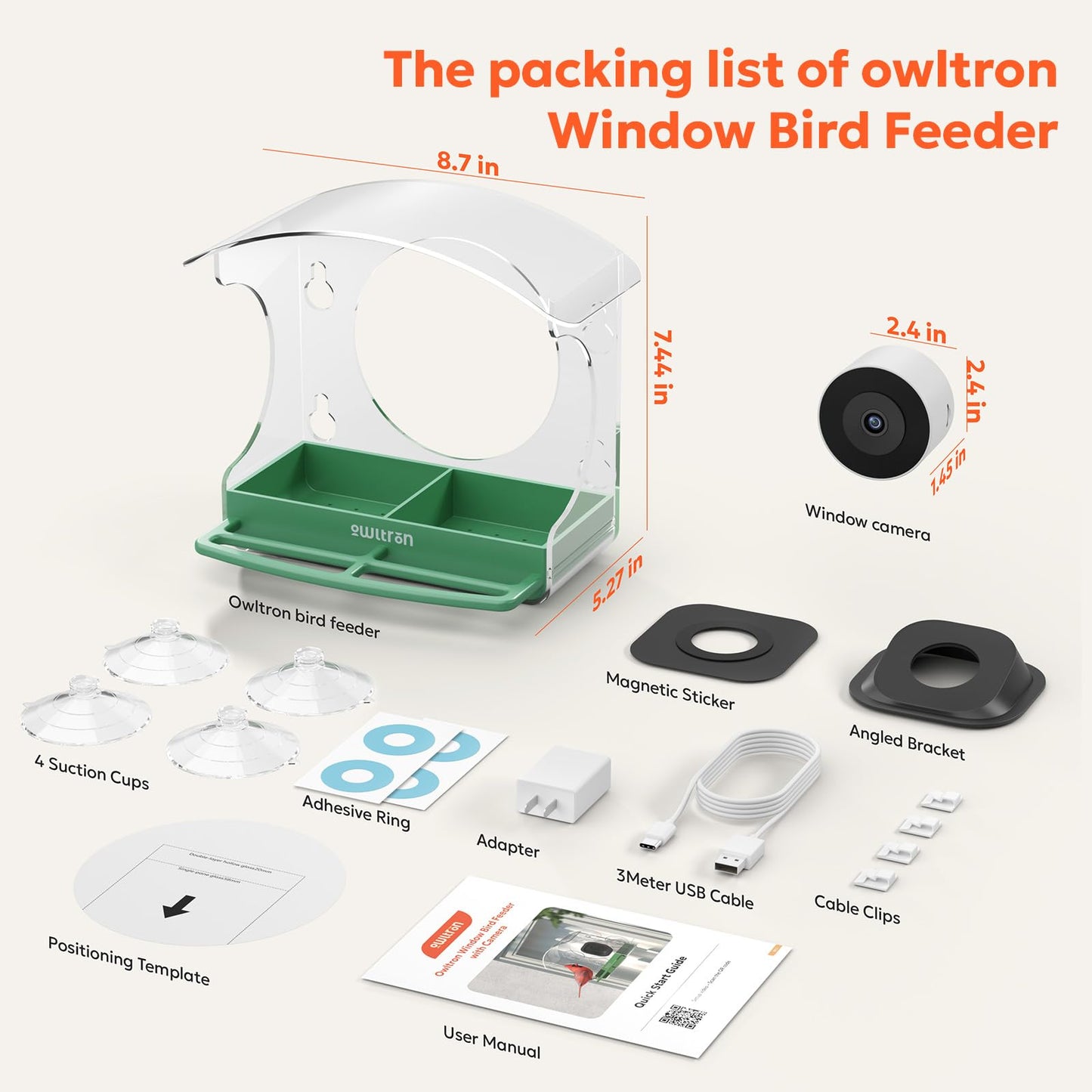owltron Window Bird Feeder with Camera, 2K 3MP Window Bird Friends Feeder with AI Identify 10000+ Birds 2.4/5GHz WiFi 24/7 Live View Recording 147°Ultra Angle for Elderly Parents, Kids, Birding Lovers