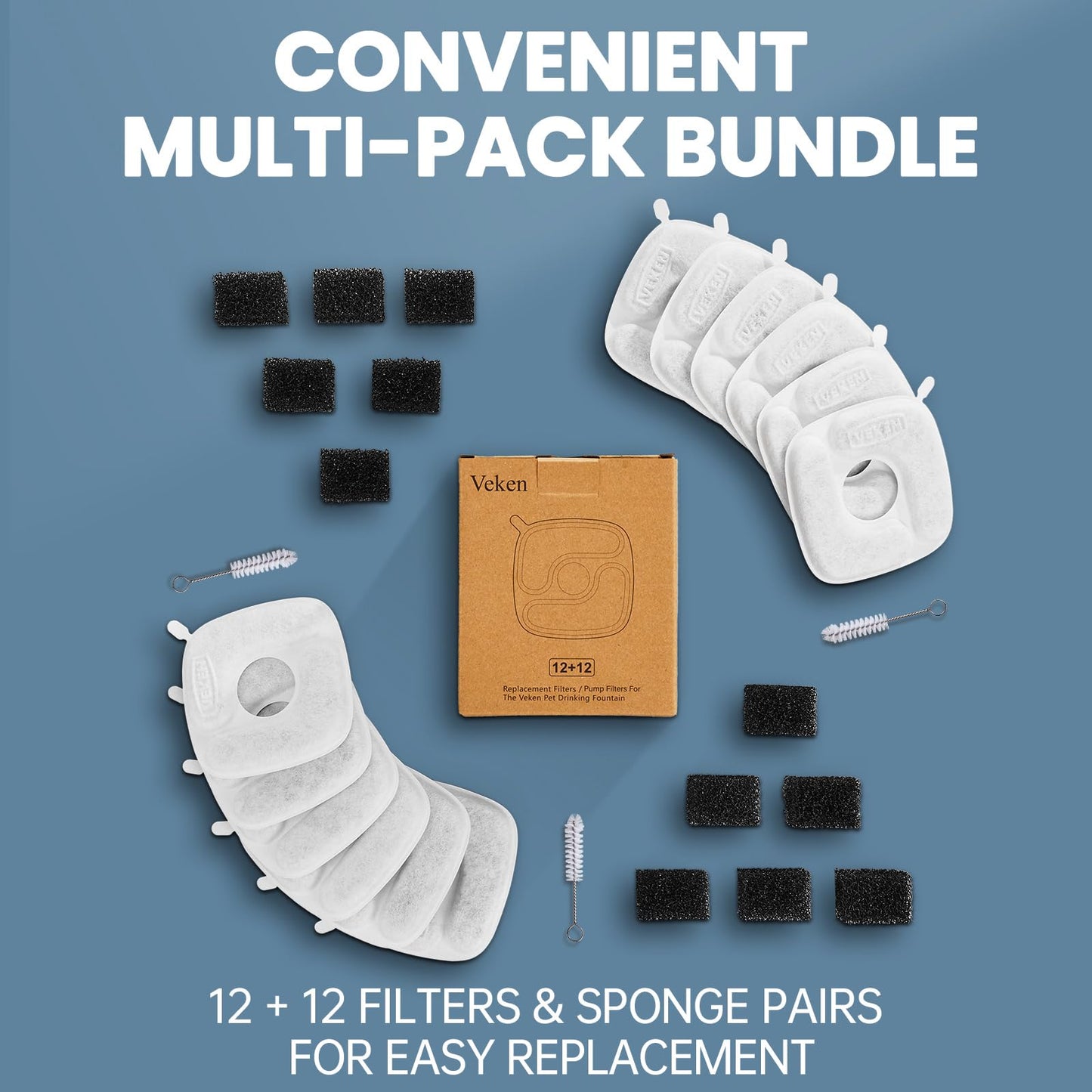 Veken Cat Water Fountain Filters, 12 Pack Replacement Filters & 12 Pack Replacement Pre-Filter Sponges Set for 50oz, 84oz, 95oz or 108oz Automatic Pet Fountain Dog Water Dispenser