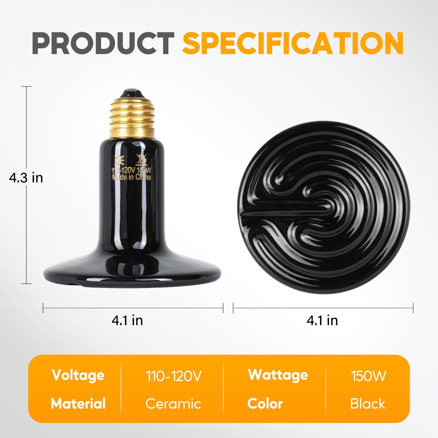 HealSmart 150W Reptile Heat Lamp Ceramic Heat Emitter, No Light Emitting Heat Bulbs, Suitable for Snake/Lizard/Spider, Plant Growth and Incubating Chicken, 2-Pack