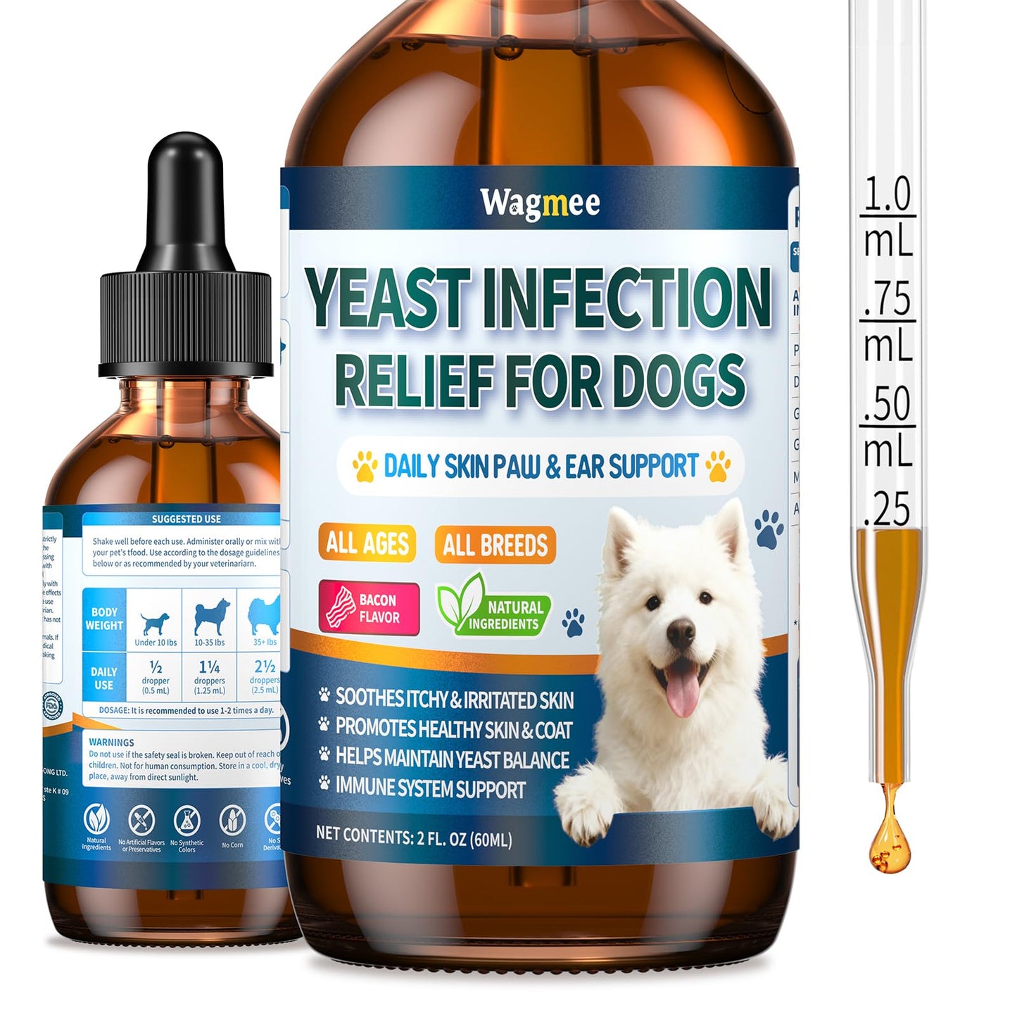 Natural Yeast Relief for Dogs, Supports Itch & Allergy Relief, Eases Ear Paw Discomfort for Dog, Supports Immune System Yeast Inflammation – 60ml Bacon Flavor