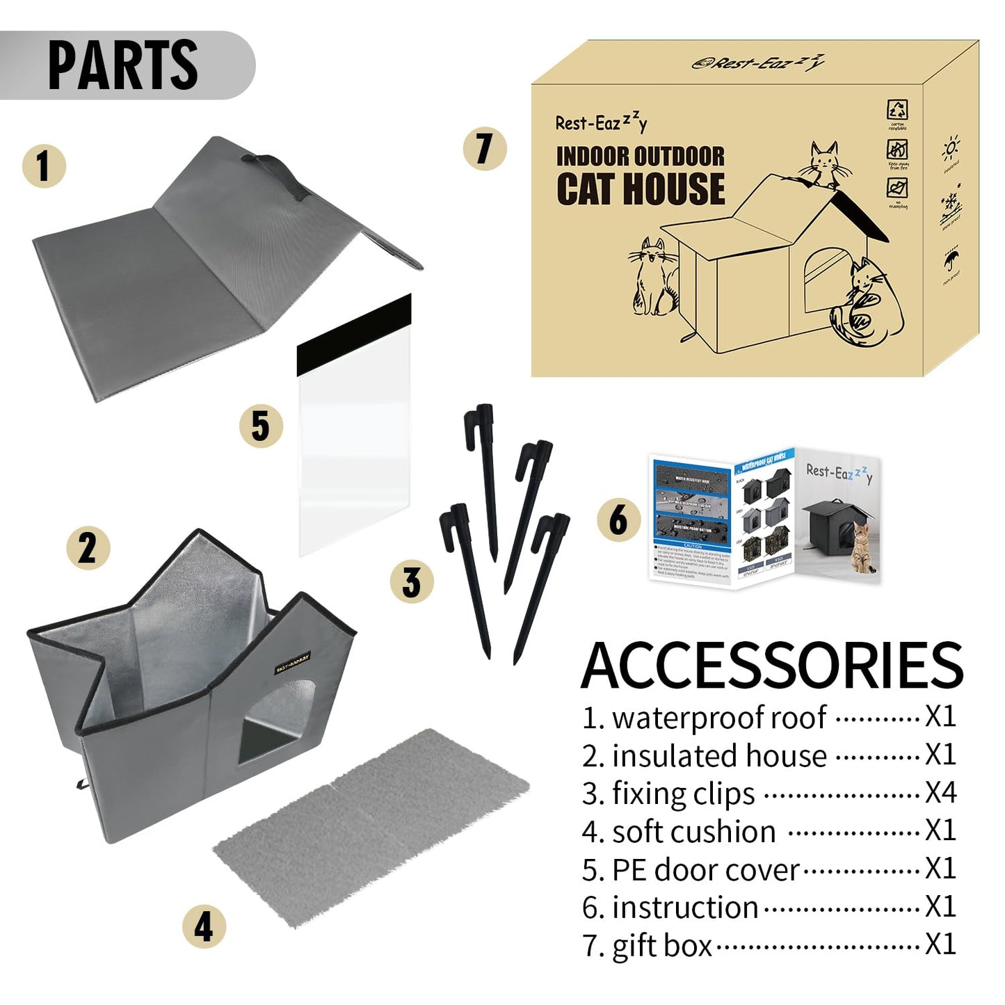 Rest-Eazzzy Outdoor Cat House, Feral Cat House Insulated with Mat and Clip, Weatherproof and Insulated, Cat Beds for Cats Kittens Puppies, Never Blow Away (Grey, M 13" X 17" X 20")