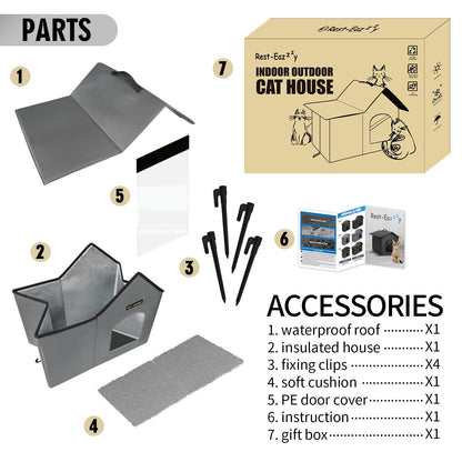 Rest-Eazzzy Outdoor Cat House, Feral Cat House Insulated with Mat and Clip, Weatherproof and Insulated, Cat Beds for Cats Kittens Puppies, Never Blow Away (Grey, M 13" X 17" X 20")