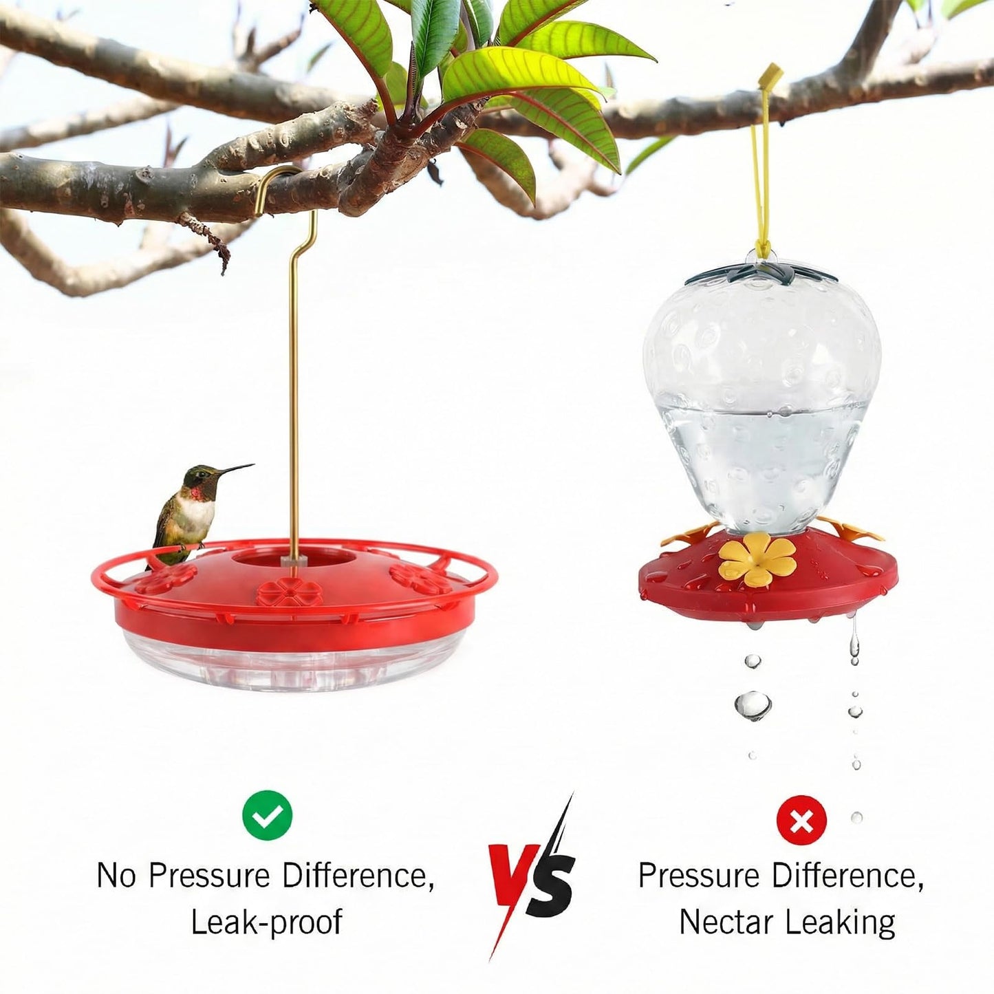 eWonLife 2 Pack Hummingbird Feeders for Outdoors, 16oz Leak-Proof Saucer Humming Bird Feeder with Integrated Ant Moat, Bee Proof 5 Feeding Ports, Brush, Easy Clean & Refill, Hanging Garden Yard Décor