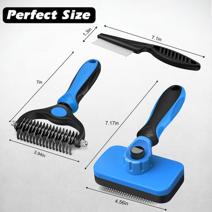 3PCS Self Cleaning Slicker Brush & Pet Grooming Rake & Flea Comb for Dogs, Cats and Horses | Double-Sided Dematting Comb & Skin Friendly Deshedding Grooming Tool | Premium Pet Supplies (Blue)
