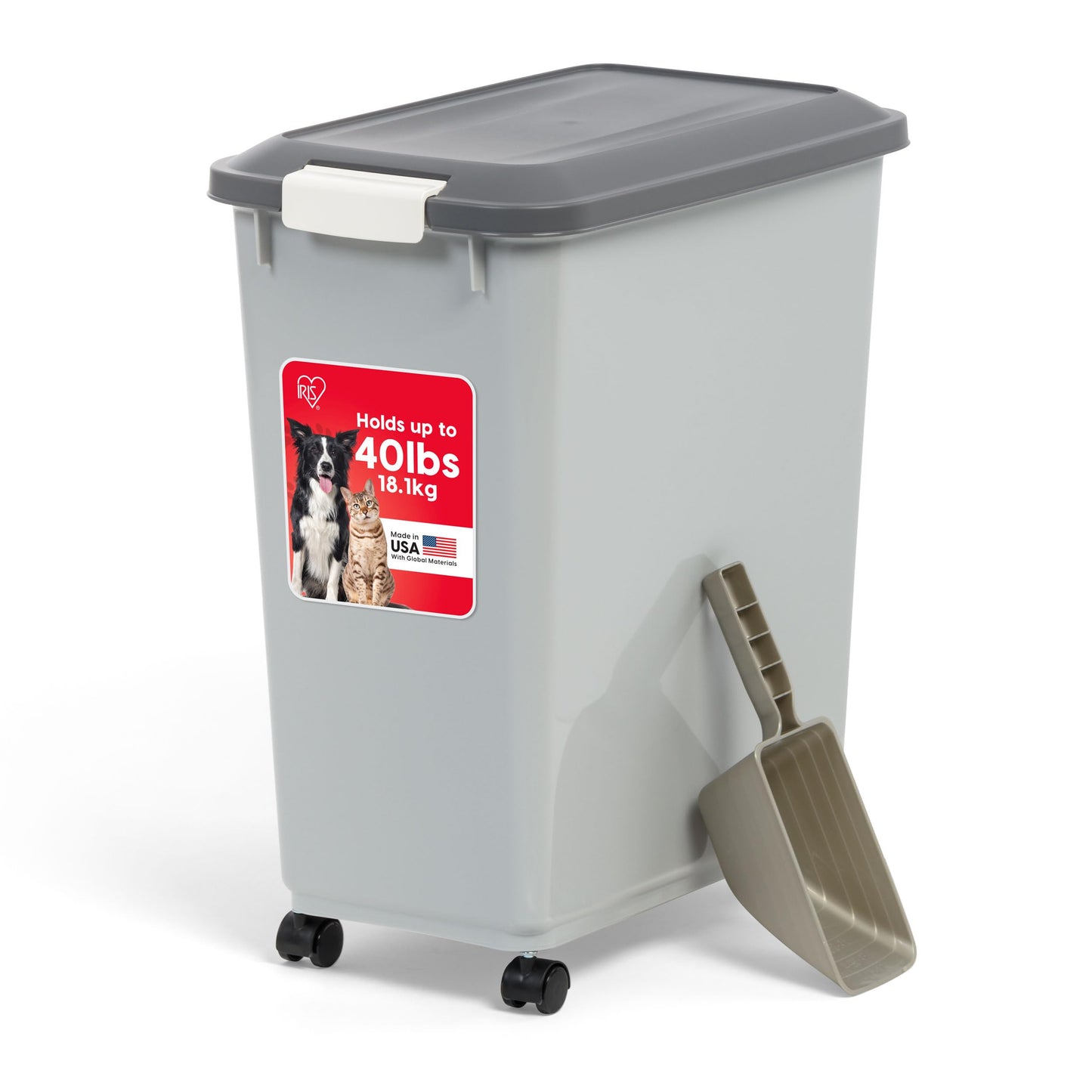 IRIS USA Dog Food Storage Container with Wheels, Airtight Lid, 2-Cup Scoop, Up to 40 Pounds Pet Food Storage, Built in Scoop Storage in Lid, Versatile Pet Food Bin, Portable, BPA Free, Gray/Dark Gray