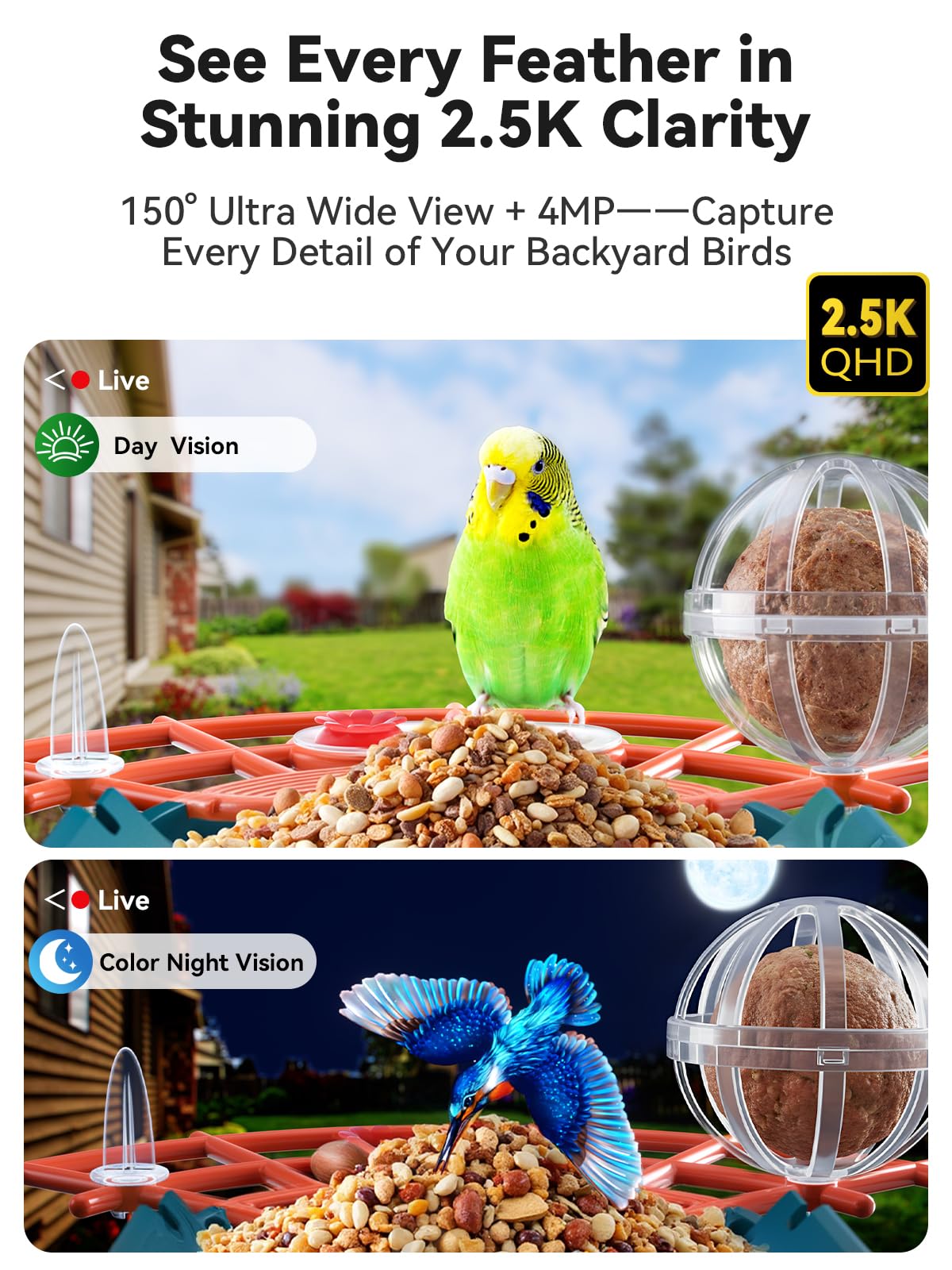 Smart Bird Feeder with Camera Solar Powered - 2.5K 4MP Birds Feeder Camera for Outdoors Garden with AI Identify, Squirrel Proof, Rechargeable Battery WiFi Video Bird Feeder Cam, Gift for Birds Lover