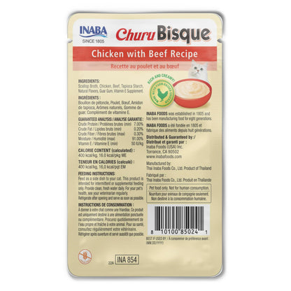 INABA Churu Bisque for Cats, Creamy Lickable Purée Side Dish with Vitamin E, 1.4 Ounces per Pouch, 12 Pouches, Chicken with Beef Recipe