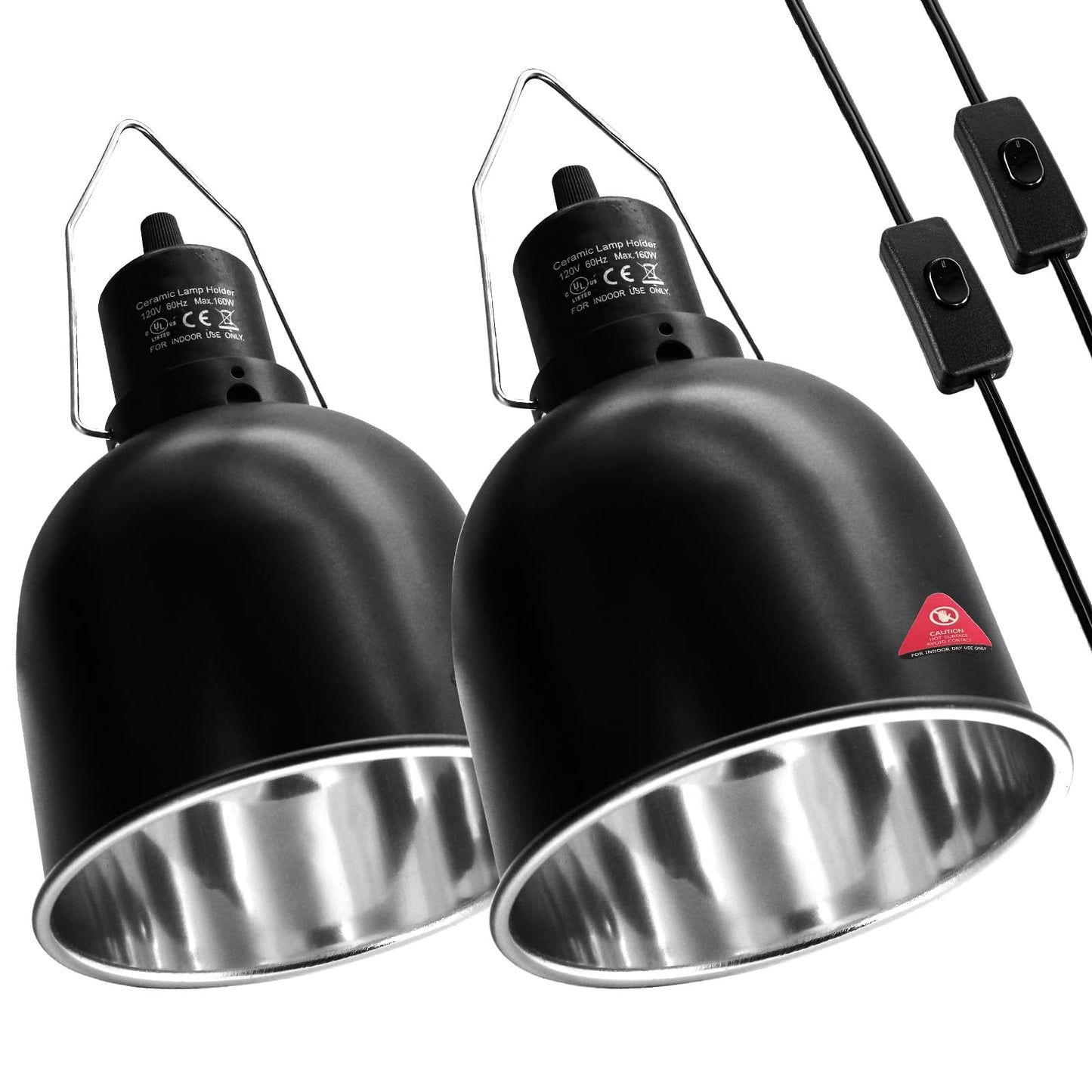 MECESOR Reptile Light Fixture, 2 Packs 5.5 Inch Deep Dome Lampshade Dimmable, Reptile Heat Lamp Fixture with Separate Switches Fit for UVB Bulb Basking Heat Bulb for Reptile Glass Terrariums