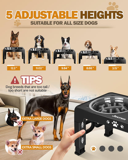 Jovrun Elevated Dog Bowls for Medium Large Size Dogs, Non-Slip Dog Feeder with 1*Stainless Steel Dishes & 1*Slow Feeder Bowl, 5 Heights Adjustable Raised Bowls to 3.15″-8.66″-9.84″-11.02″-12.2″