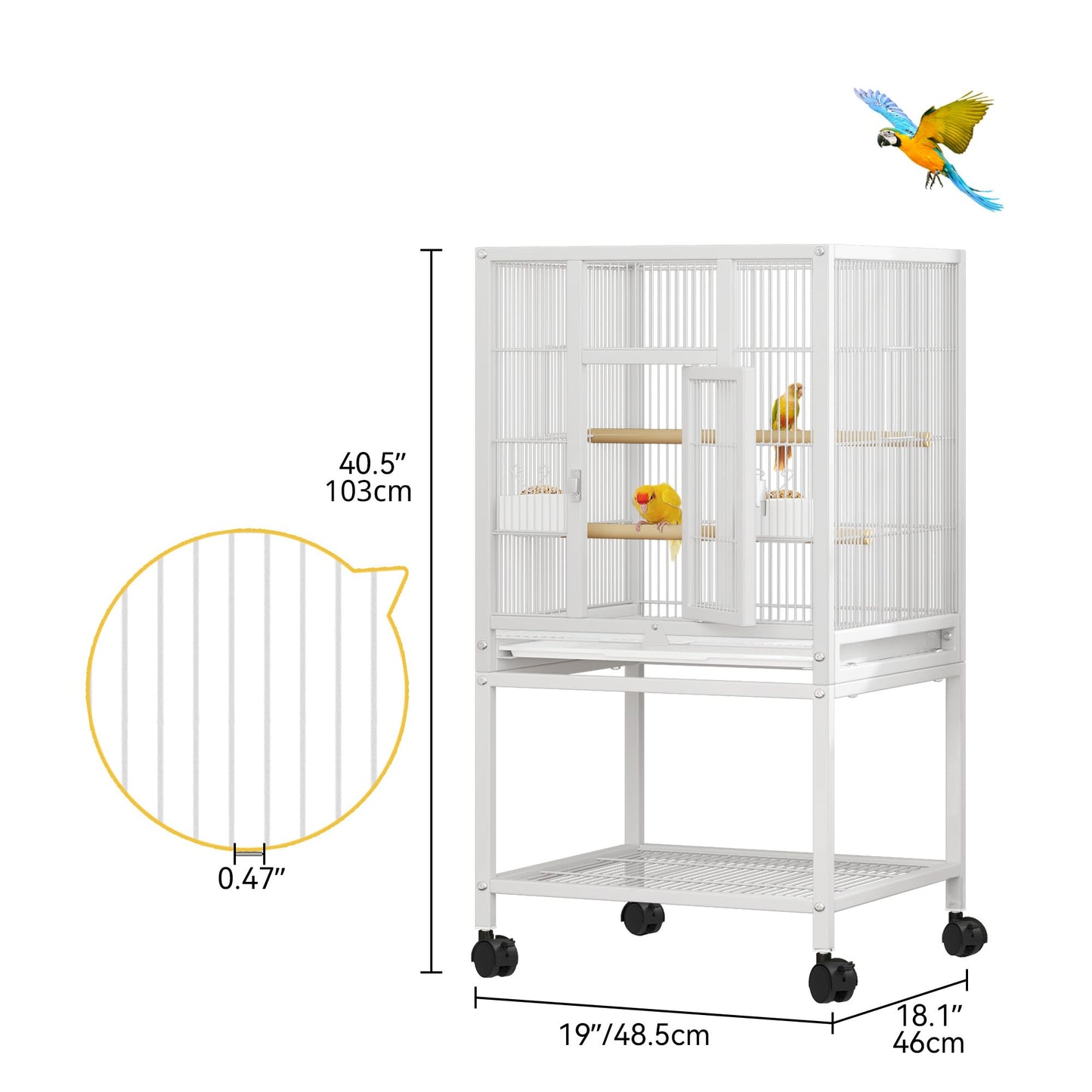 DWVO 41-inch Metal Bird Cage: Large Parrot Cages with Rolling Stand - Features Tray, Food Boxes & Wooden Perches for Parakeets, Lovebirds, Cockatiels, Finches and Pigeons, White