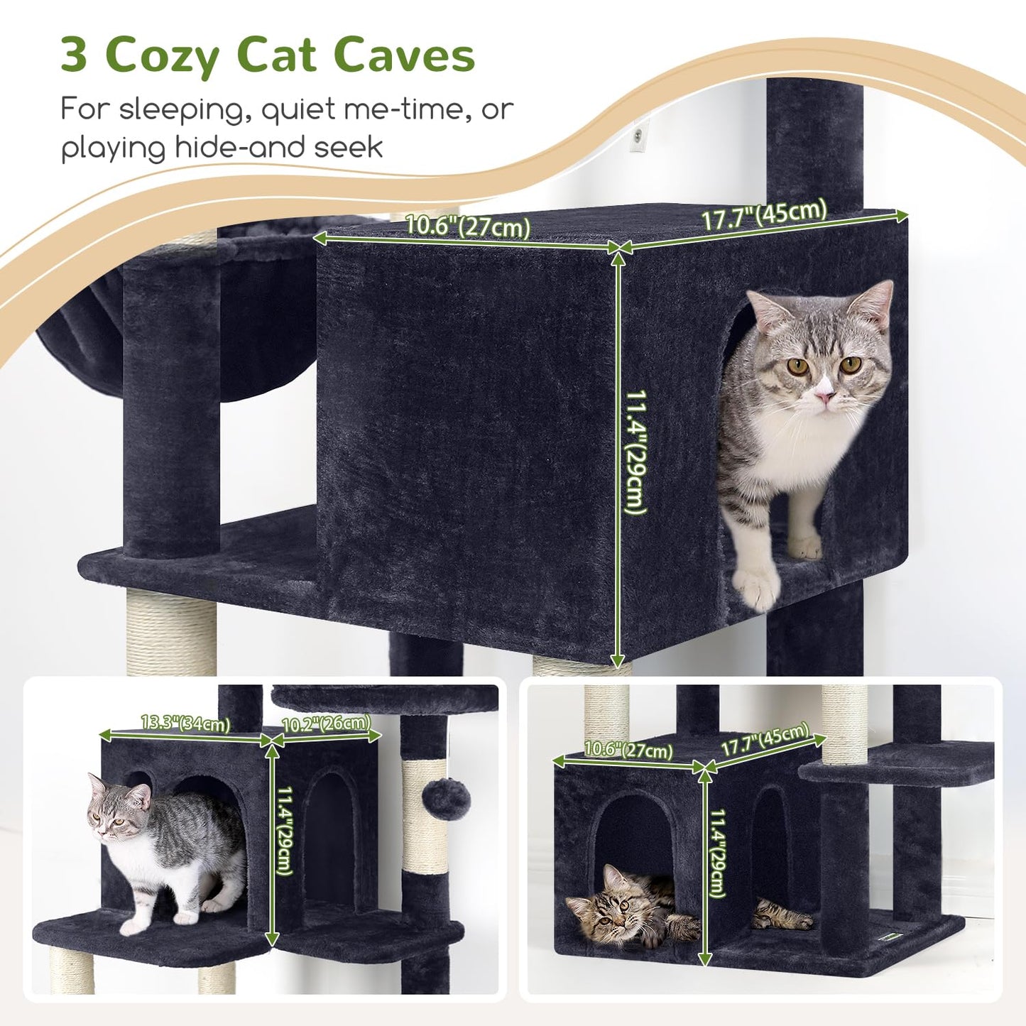 Globlazer Cat Tree Tall, 71 inches Cat Tower for Indoor Adult Cats Multi-Level 3 Condos for Indoor Cats XL Cat Tree Tower with Scratching Posts, Soft Extra Large Hanging Basket, F71, Dark Gray