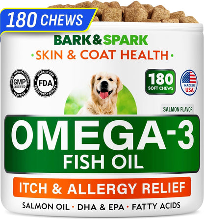 BARK&SPARK Omega 3 for Dogs - 180 Fish Oil Treats for Dog Shedding, Skin Allergy, Itch Relief, Hot Spots Treatment - Joint Health - Skin and Coat Supplement - EPA & DHA Fatty Acids - Salmon Oil