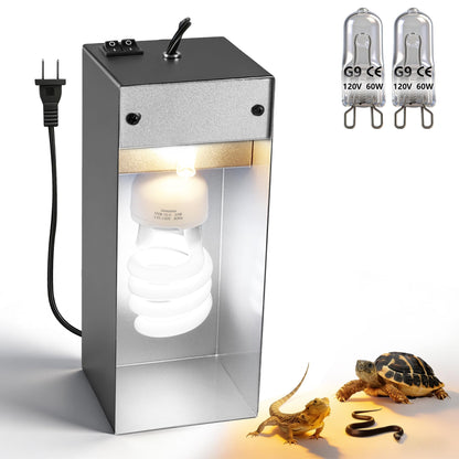 Jaenmsa Dual Reptile Heat Lamp Fixture Max 90W with Separate Switches, 23W 10.0 UVB Light & 2 Pcs 60W Halogen Heat Lamp for Reptiles, Bearded Dragon, Lizard, Turtle, Snake
