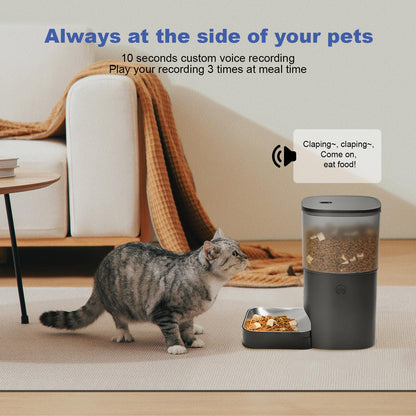 Automatic Cat Feeder, Cat Food Dispenser with 10s Voice Recorder, Pet Feeder up to 8 Meals per Day, Timed Feeder with Dry Food Sealed Ring (Black, 4L)