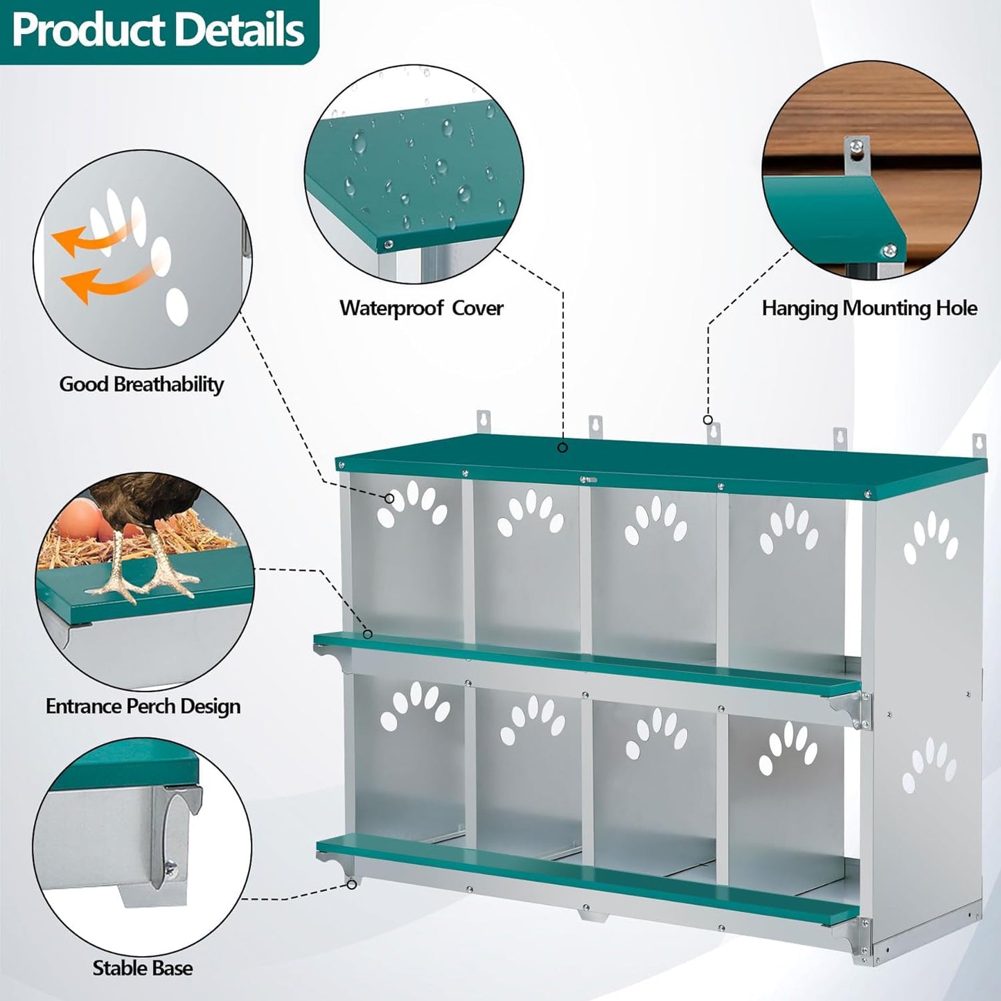 Toriexon Chicken Nesting Box, 8 Compartment Metal Nesting Box, Wall Mountable Nesting Boxes for Chicken, 42.5" L x 13.0" W x 25.0" H, Green