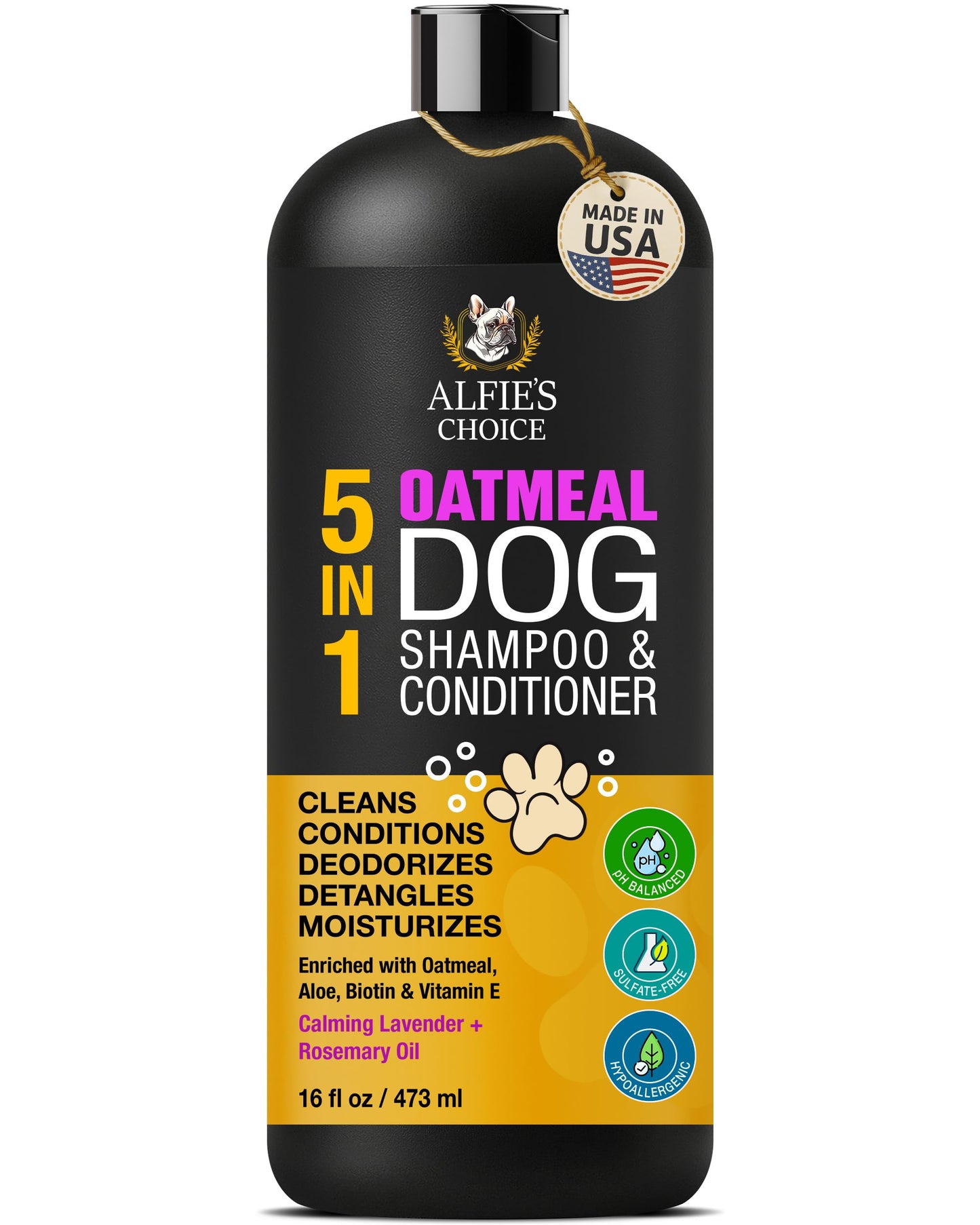 ALFIE'S CHOICE Oatmeal Dog Shampoo and Conditioner 5-in-1 | 16 fl oz | with Aloe, Biotin & Vitamin E | for Dry, Itchy & Sensitive Skin | Cleans, Deodorizes & Detangles for All Breeds