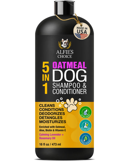 ALFIE'S CHOICE Oatmeal Dog Shampoo and Conditioner 5-in-1 | 16 fl oz | with Aloe, Biotin & Vitamin E | for Dry, Itchy & Sensitive Skin | Cleans, Deodorizes & Detangles for All Breeds