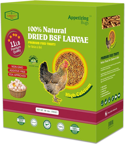 Amzey 11 LBS Dried Black Soldier Fly Larva - All Natural BSF Larvae - 85X More Calcium Than Mealworms - High Calcium Treats for Chickens, Birds, Reptiles, Hedgehog, Geckos, Turtles