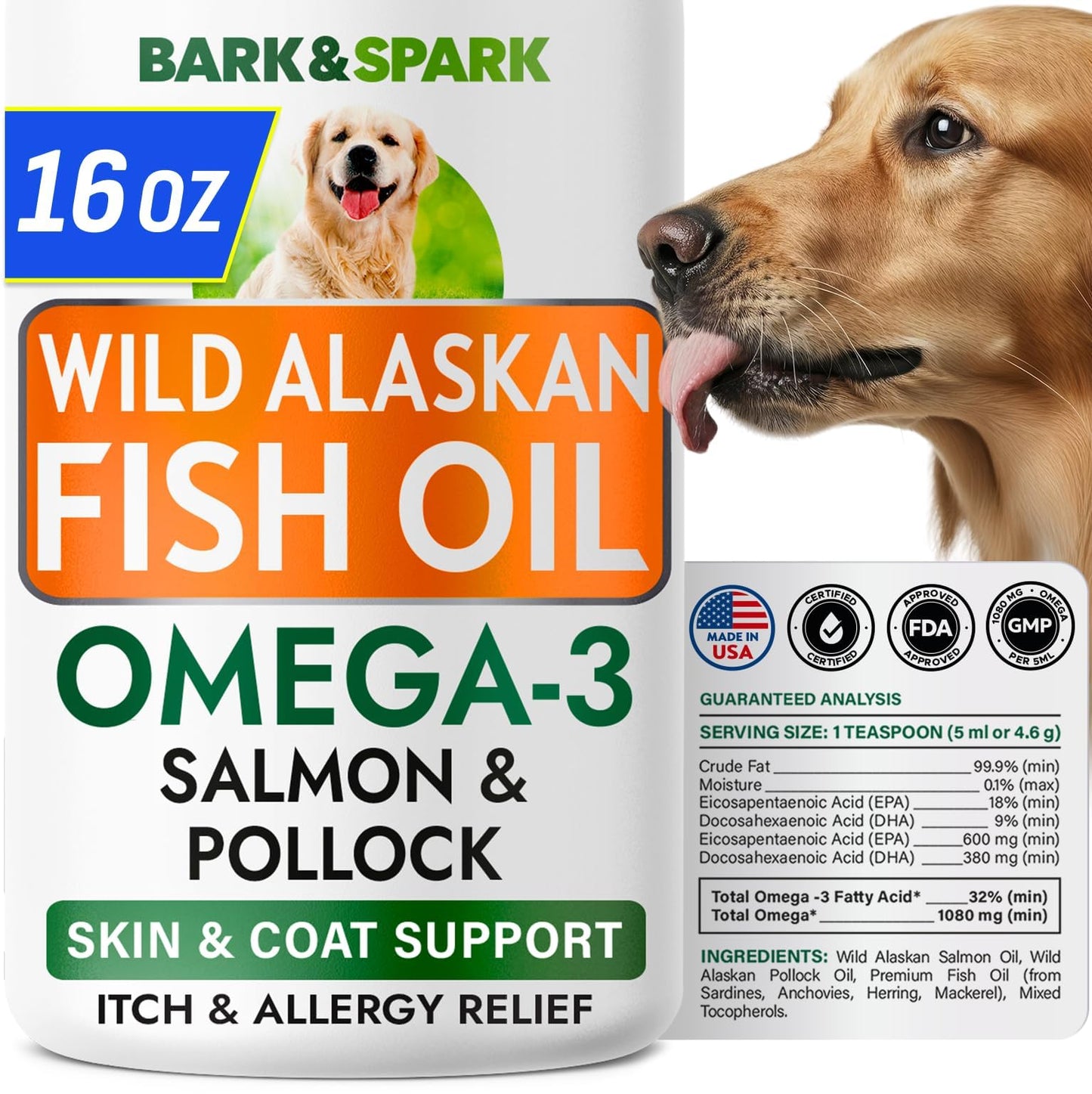 BARK&SPARK Omega 3 Fish Oil for Dogs - w/Wild Alaskan Salmon Oil for Dogs, Fish Oil Liquid Supplement for Pets, EPA+DHA Fatty Acids, Skin&Coat Support - Itch&Allergy Relief, Joint - Alaskan Salmon
