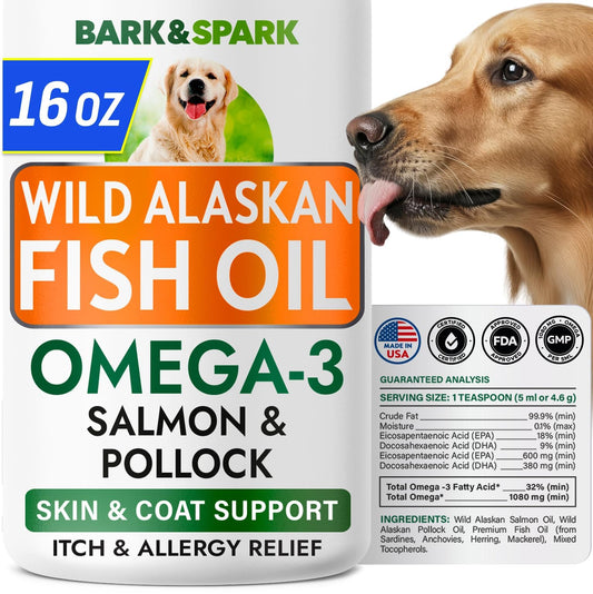 BARK&SPARK Omega 3 Fish Oil for Dogs - w/Wild Alaskan Salmon Oil for Dogs, Fish Oil Liquid Supplement for Pets, EPA+DHA Fatty Acids, Skin&Coat Support - Itch&Allergy Relief, Joint - Alaskan Salmon