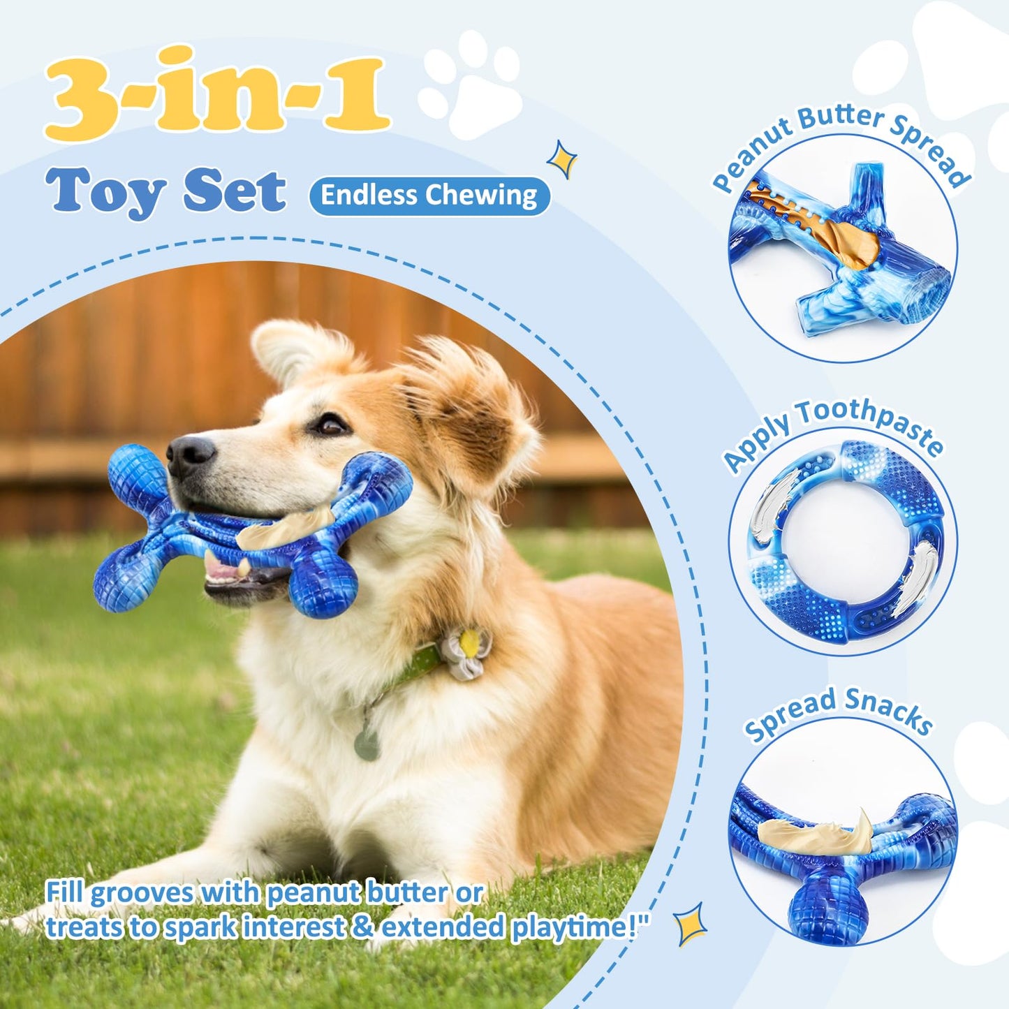 Furdog 3Pack Dog Toys for Aggressive Chewers Dog Chew Toy Tough Dog Toys to Keep Them Busy Bacon Flavor Teething Chew Toys & Dental Health for Large Medium Small Breeds (Blue)