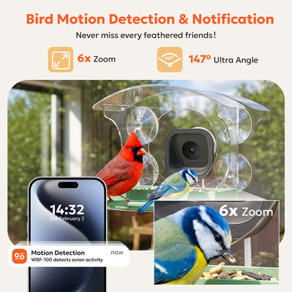 owltron Window Bird Feeder with Camera, 2K 3MP Window Bird Friends Feeder with AI Identify 10000+ Birds 2.4/5GHz WiFi 24/7 Live View Recording 147°Ultra Angle for Elderly Parents, Kids, Birding Lovers