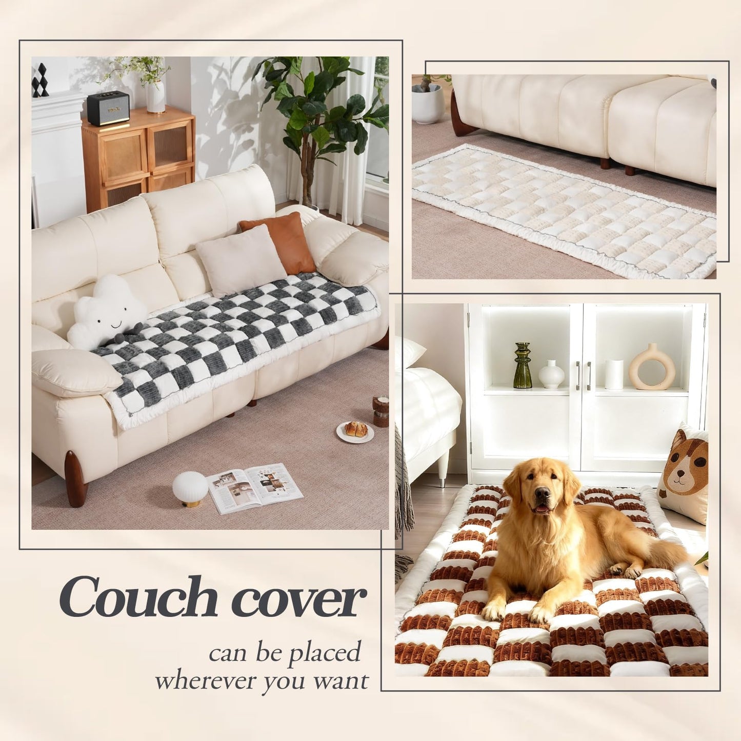 AMZWISE Pet Couch Cover for Sofa Protector, Washable Couch Cover for Dogs, Plaid Reversible Soft Non Slip for Large Dogs(27.6X59.05, Grey)