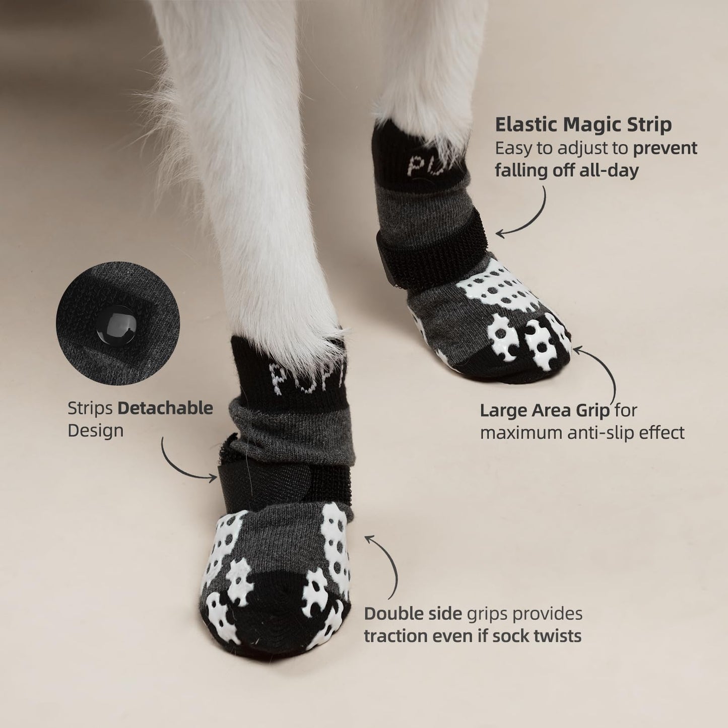 PUPTECK Anti-Slip Dog Socks with Double Sides Grips for Small Medium Large Dogs Hardwood Floors Prevents Licking, Dog Shoes for Hot Pavement Traction Control Paw Protector for Senior Dogs, Grey S