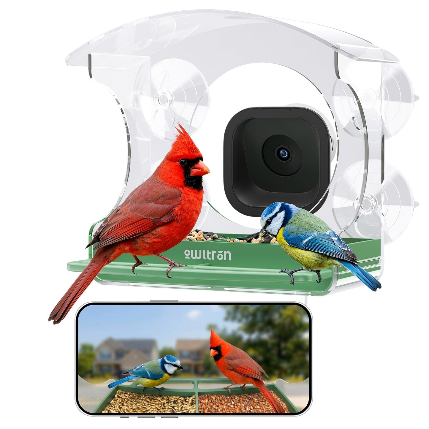owltron Window Bird Feeder with Camera, 2K 3MP Window Bird Friends Feeder with AI Identify 10000+ Birds 2.4/5GHz WiFi 24/7 Live View Recording 147°Ultra Angle for Elderly Parents, Kids, Birding Lovers