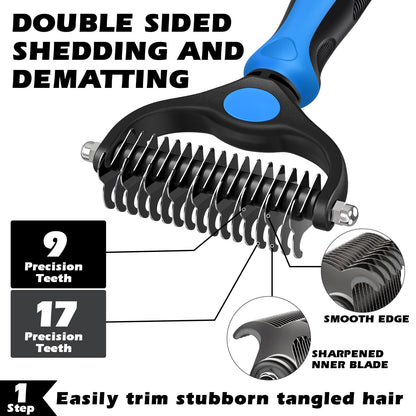 3PCS Self Cleaning Slicker Brush & Pet Grooming Rake & Flea Comb for Dogs, Cats and Horses | Double-Sided Dematting Comb & Skin Friendly Deshedding Grooming Tool | Premium Pet Supplies (Blue)