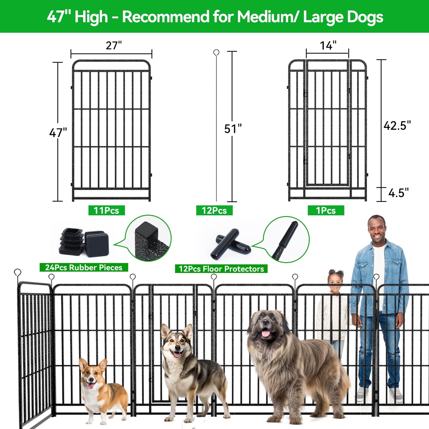 Kfvigoho Heavy Duty Dog Playpen: 12 Steel Panels 47" Height, Square Steel Pipe with Reinforced Crossbars, 27FT 57 Sq.ft Portable Fence for Yard RV Camping, Snowy Black