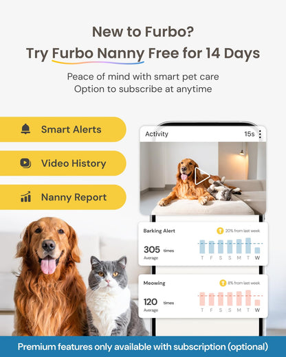 Furbo Mini 360° [New] 2K QHD Pet Camera: Dog & Cat Rotating Treat Dispenser w/Phone App, Smart Indoor Cam with 2-Way Speaker & Night Vision. No Subscription Needed. Standard See, Talk, & Toss Features
