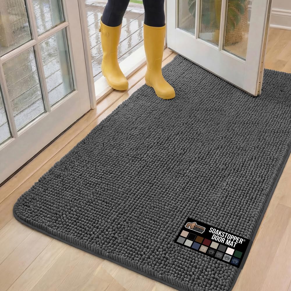 GORILLA GRIP SoakSTOPPER Dog Door Mat, 60x36 Machine Washable Rug Absorbent Doormat Captures Moisture Mud Dirt, Quick Dry Soft Chenille Entryway Rugs Indoor Entrance Mats for Dog Paws, Charcoal