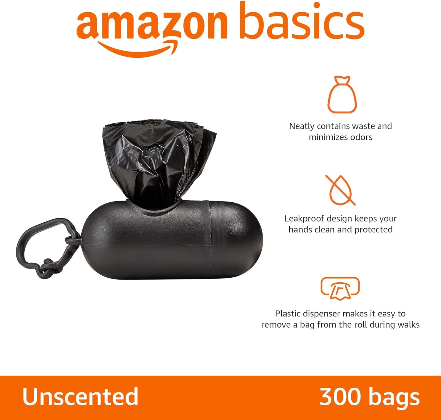 Amazon Basics Dog Poop Bags with Dispenser and Leash Clip, Unscented, Standard, 600 Count, 40 Pack of 15, Black, 13 Inch X 9 Inch