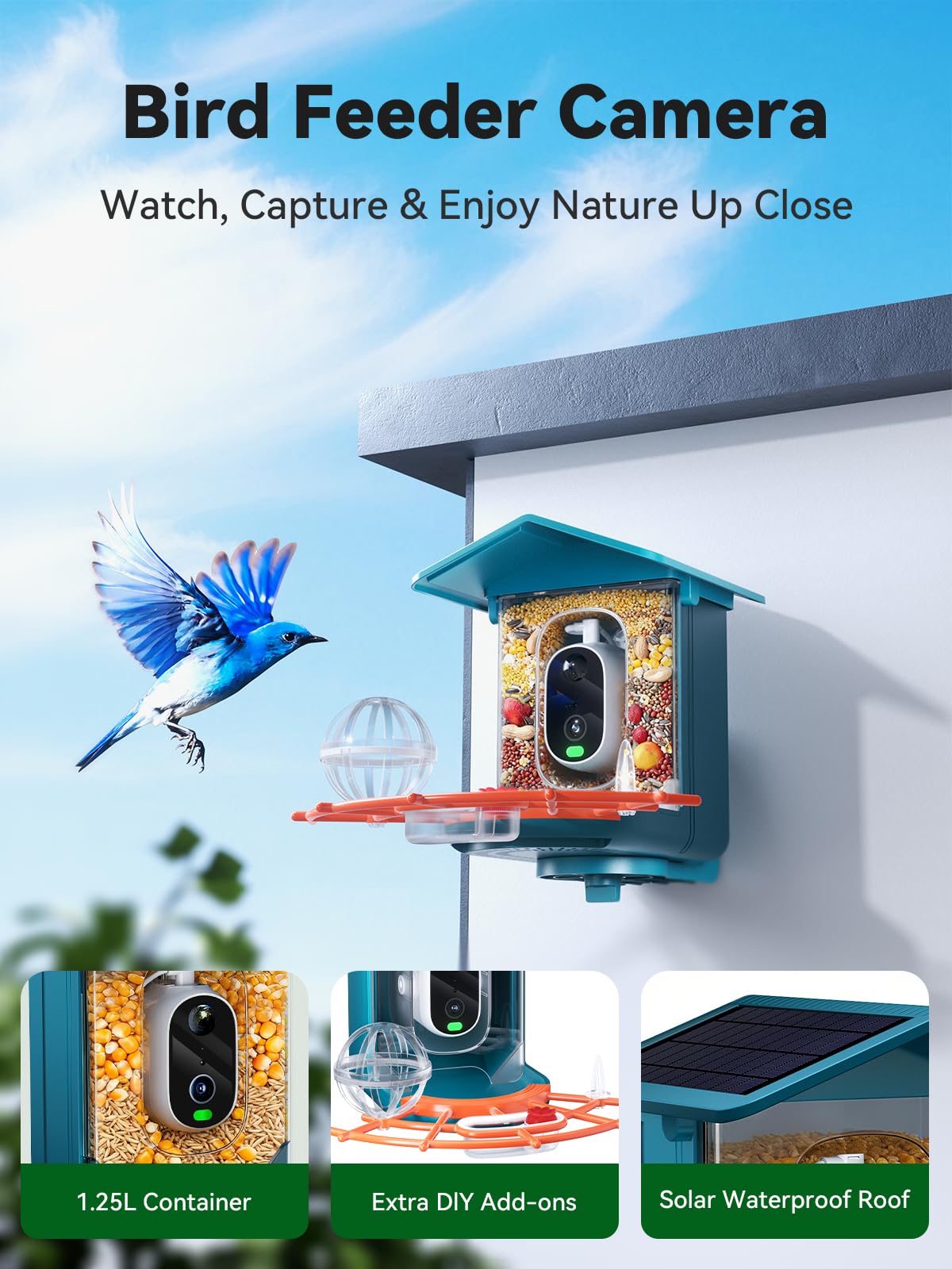 Smart Bird Feeder with Camera Solar Powered - 2.5K 4MP Birds Feeder Camera for Outdoors Garden with AI Identify, Squirrel Proof, Rechargeable Battery WiFi Video Bird Feeder Cam, Gift for Birds Lover
