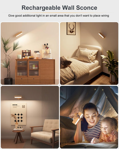 DetarZinLED Wooden Wall Sconce Battery Operated with Remote,Rechargeable Wall Lights for Bedroom with 3 Color Temperature, Magnetic, Stick-On, Dimmable Wall Reading Lights (Beech Wood, 2Pack-Remote)