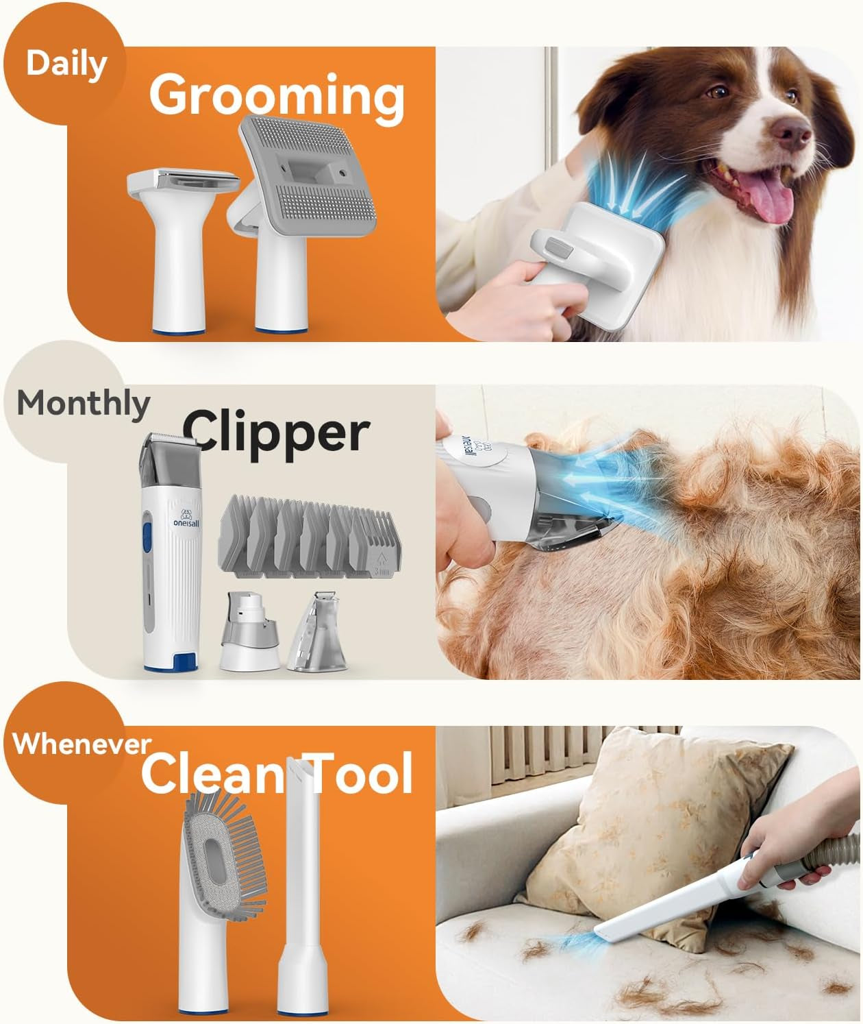 Oneisall Dog Hair Vacuum & Dog Grooming Kit, Pet Grooming Vacuum with Pet Clipper Nail Grinder, 1.5L Dust Cup Dog Brush Vacuum with 7 Pet Grooming Tools for Shedding Pet Hair, Home Cleaning