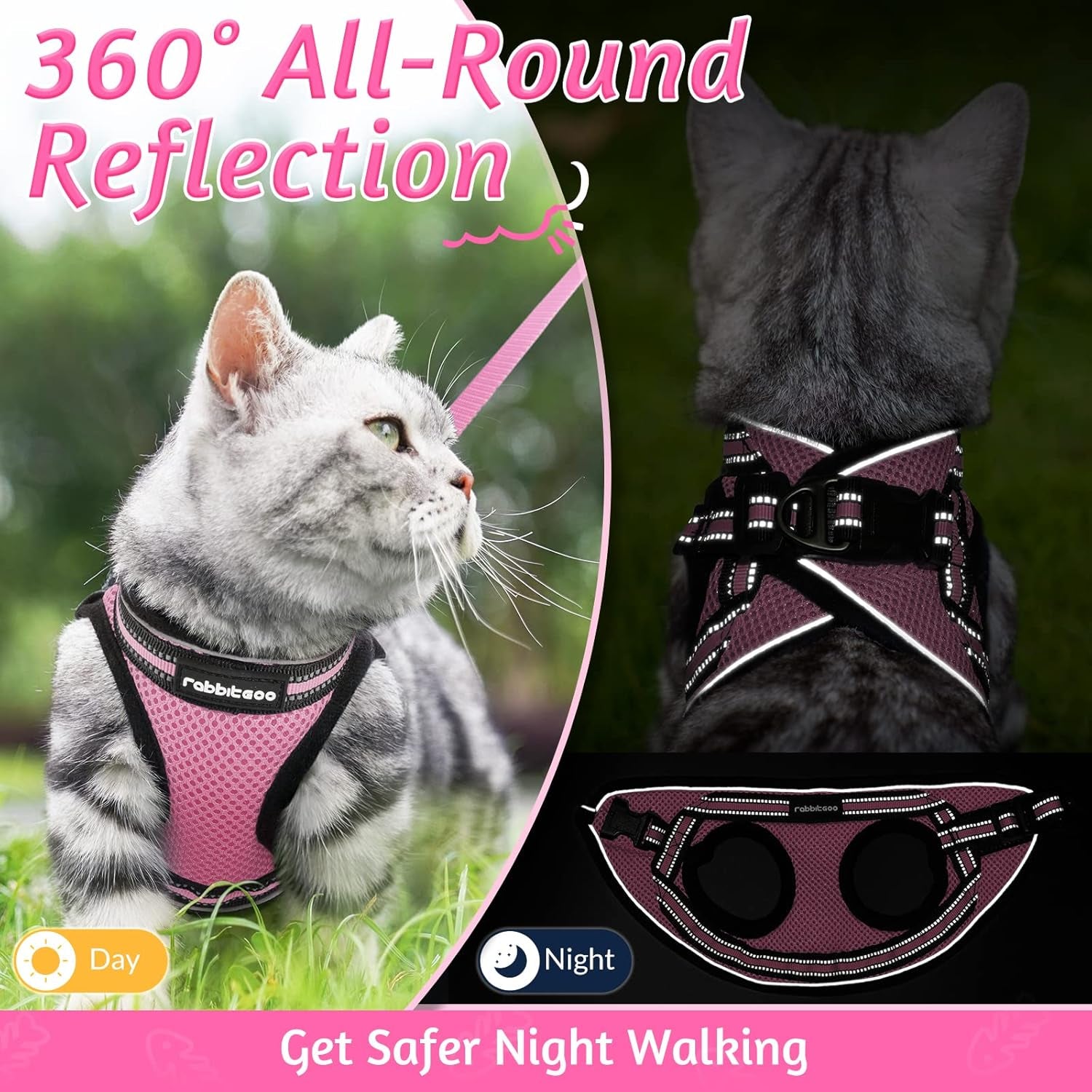 Rabbitgoo Cat Harness and Leash Set for Walking Escape Proof, Adjustable Soft Kittens Vest with Reflective Strip for Cats, Comfortable Outdoor Vest, Black, L