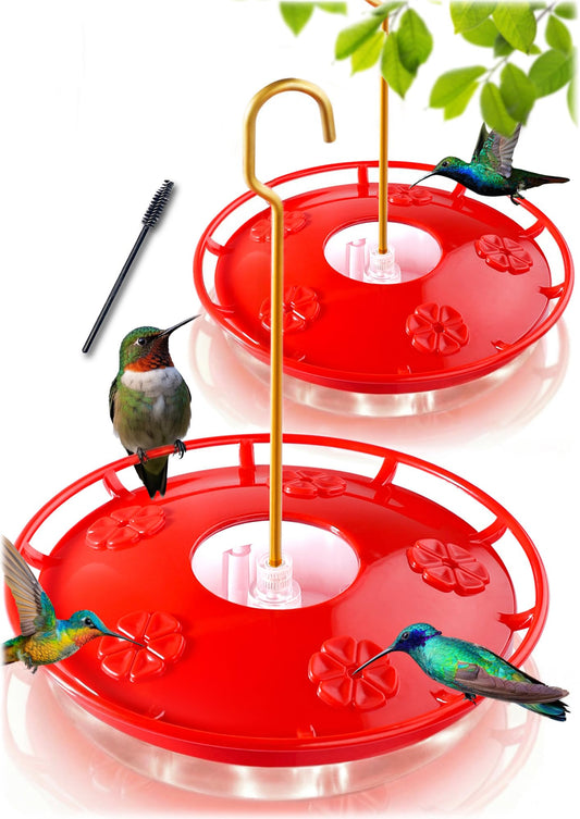 eWonLife 2 Pack Hummingbird Feeders for Outdoors, 16oz Leak-Proof Saucer Humming Bird Feeder with Integrated Ant Moat, Bee Proof 5 Feeding Ports, Brush, Easy Clean & Refill, Hanging Garden Yard Décor