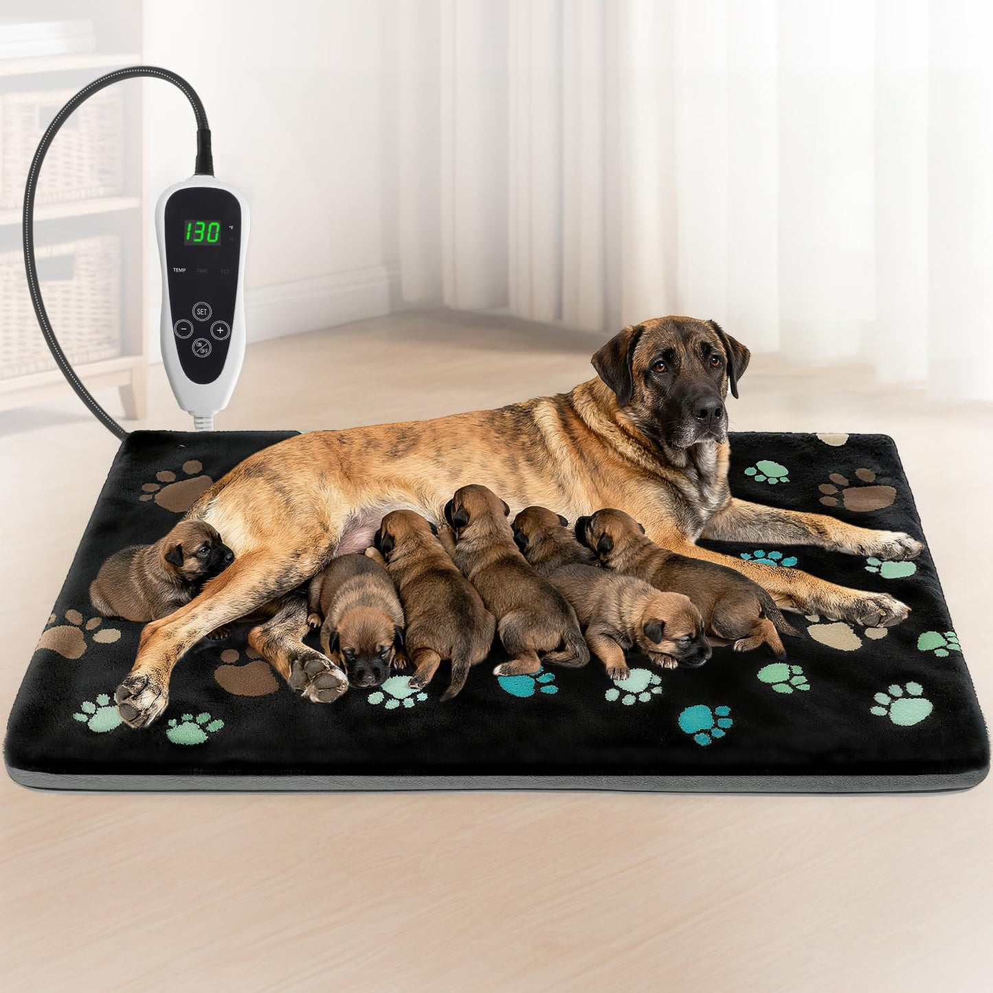 GOLOPET Extra Large Dog Heating Pad 47x30 in with Smart Thermostat Switch and Power Line Protection Tube,Obtained MET and UL Dual Certification,Waterproof Pet Heating Pad for Dogs-Black