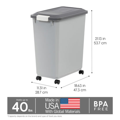 IRIS USA Dog Food Storage Container with Wheels, Airtight Lid, 2-Cup Scoop, Up to 40 Pounds Pet Food Storage, Built in Scoop Storage in Lid, Versatile Pet Food Bin, Portable, BPA Free, Gray/Dark Gray