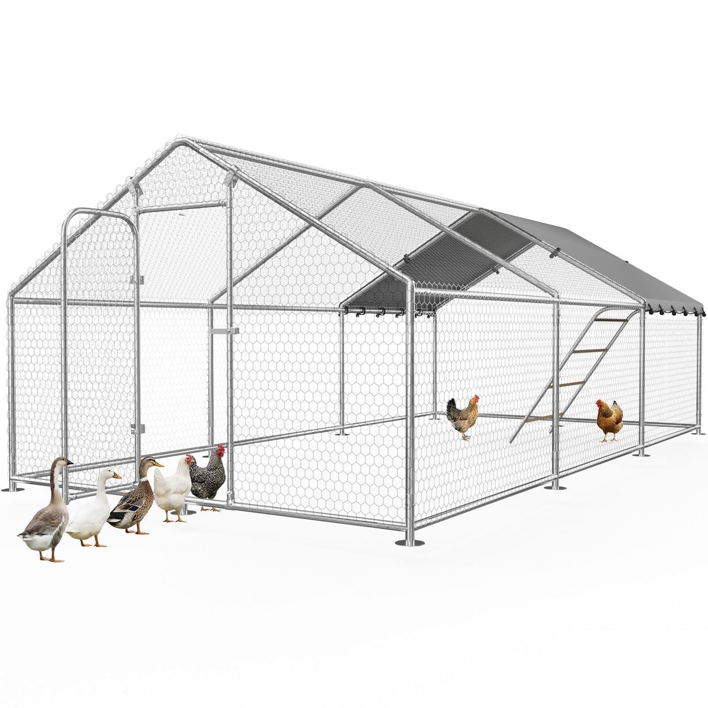 Large Metal Chicken Coop with Run for Yard with Waterproof &Anti-UV Cover,19.7 x 10 x 6.4ft Outdoor Walk-in Poultry Cage Chicken Run Pen with Roosting Perch, Hen Duck Rabbit House