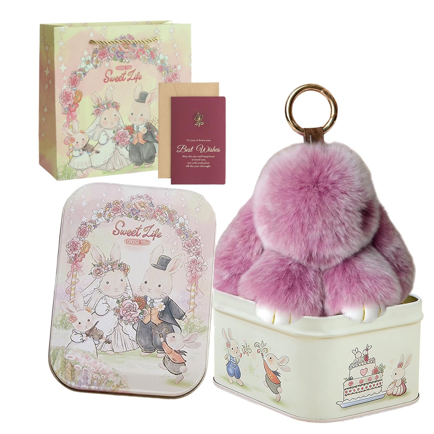 Bunny Keychain with Tin – Handmade Soft Plush Bunny Charm for Keys, Bags & Backpacks, Fluffy Bunny Keychain Plush Gift (Tin Box, Purple)